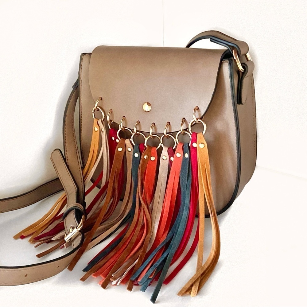 MELLOW WORLD Taupe/ Beige Multicolor Fringe Tassel Bag Small